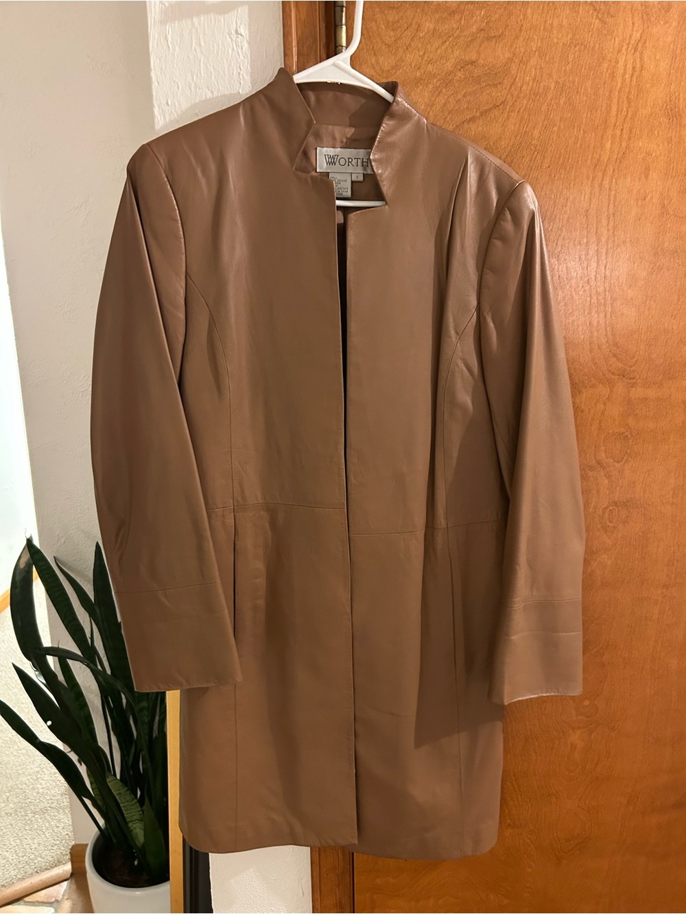 Worth New York Camel Brown Leather Longline Jacket, Small